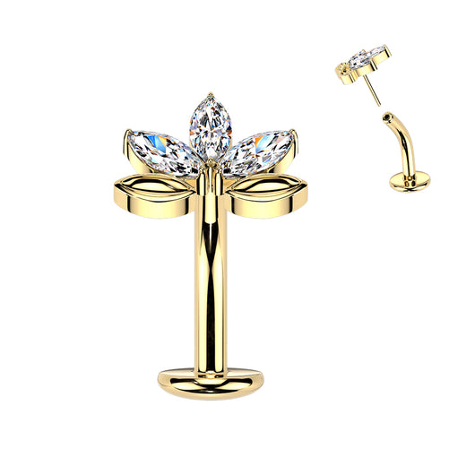 Titanium Threadless Floating Convex Base 3 Marquise CZ Leaf Top Belly Button Ring