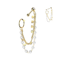 Pearl Heart Chain Linked CZ Dangle Ear Cartilage Helix Tragus Barbell Earrings