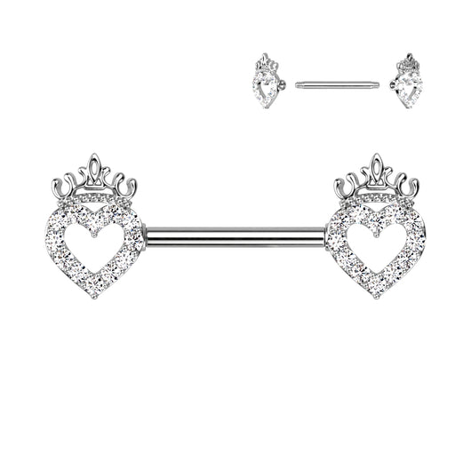 Pair CZ Paved Heart & Crown NippleBarbell Rings