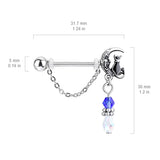 Pair of Cat Sitting on Moon with Beads and Chain Dangles Nipple Barbell Rings