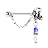 Pair of Cat Sitting on Moon with Beads and Chain Dangles Nipple Barbell Rings