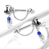Pair of Cat Sitting on Moon with Beads and Chain Dangles Nipple Barbell Rings