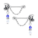 Pair of Cat Sitting on Moon with Beads and Chain Dangles Nipple Barbell Rings