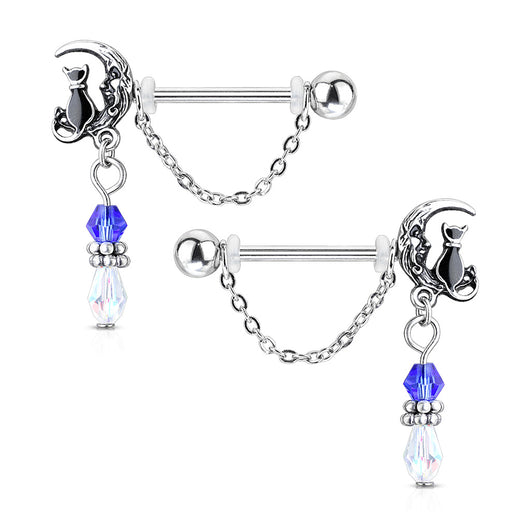 Pair of Cat Sitting on Moon with Beads and Chain Dangles Nipple Barbell Rings