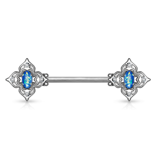 Pair Floral Filigree Crystal & Opal Glitter Nipple Barbell Rings