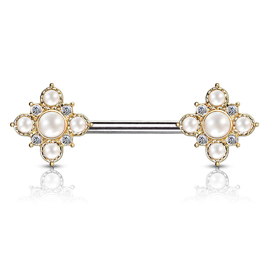 Pair Pearl & CZ Paved Vintage Flower End Barbell Nipple Rings