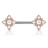 Pair Pearl & CZ Paved Vintage Flower End Barbell Nipple Rings