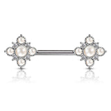 Pair Pearl & CZ Paved Vintage Flower End Barbell Nipple Rings
