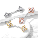 Pair Pearl & CZ Paved Vintage Flower End Barbell Nipple Rings