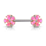 Pair Opal Glitter Filled 5 Petal Flower Ends Barbell Nipple Rings