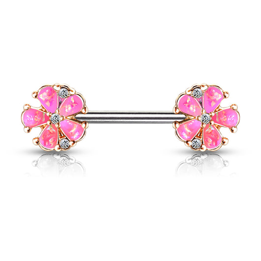 Pair Opal Glitter Filled 5 Petal Flower Ends Barbell Nipple Rings