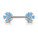 Pair Opal Glitter Filled 5 Petal Flower Ends Barbell Nipple Rings