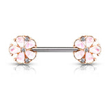 Pair Opal Glitter Filled 5 Petal Flower Ends Barbell Nipple Rings