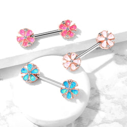 Pair Opal Glitter Filled 5 Petal Flower Ends Barbell Nipple Rings