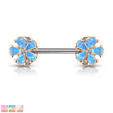Pair Opal Glitter Filled 5 Petal Flower Ends Barbell Nipple Rings