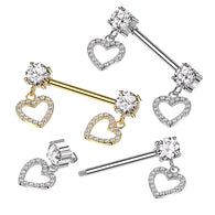 Round Prong Set CZ Ends & CZ Pave Hollow Heart Dangles Nipple Barbell