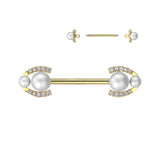 Pair Pearl & CZ Paved Horseshoe Edges Barbell Nipple Rings