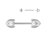 Pair Pearl & CZ Paved Horseshoe Edges Barbell Nipple Rings