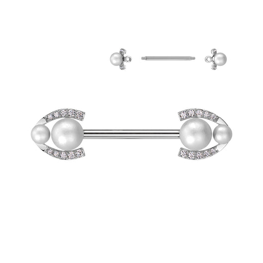 Pair Pearl & CZ Paved Horseshoe Edges Barbell Nipple Rings