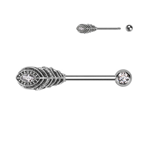 Pair Feather & Bezel Set Gem Nipple Barbell