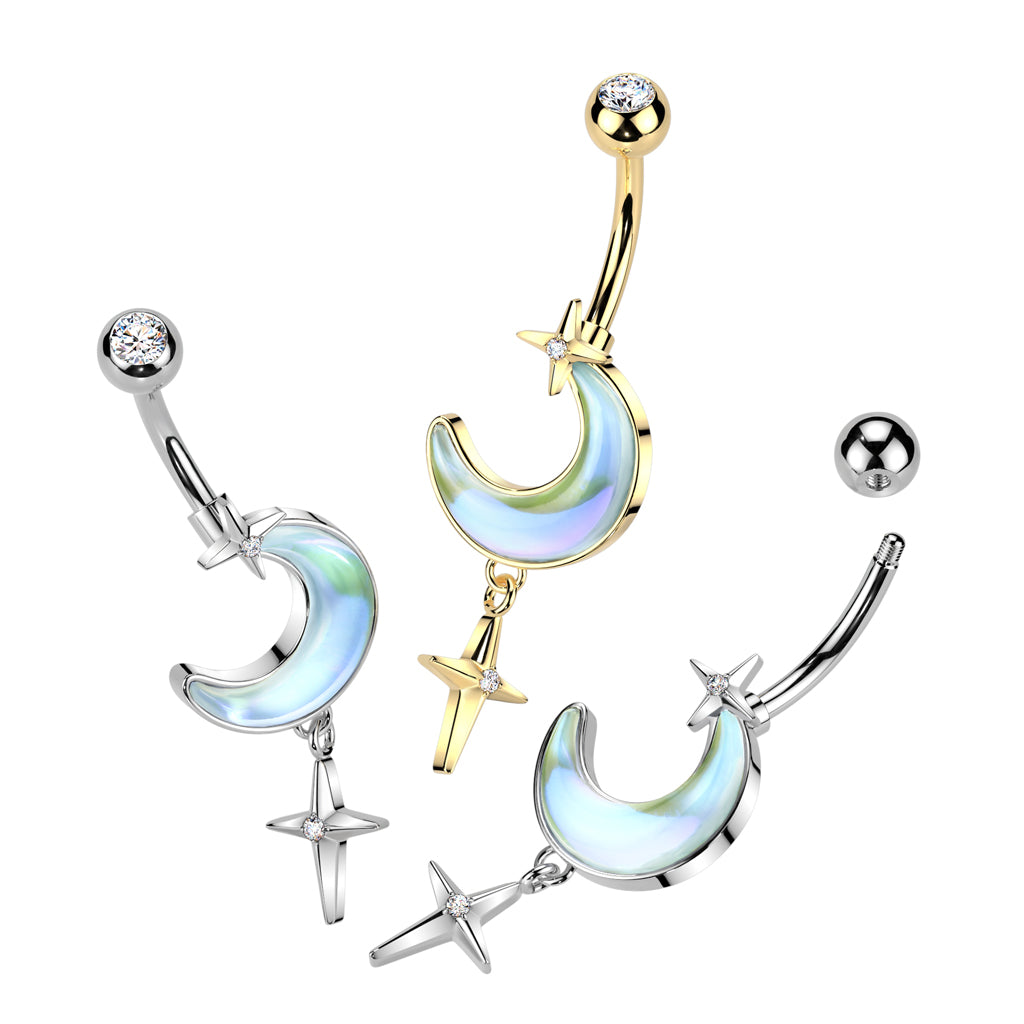 Crescent Moon and CZ Star Dangle Belly Button Ring - Gold main image 1