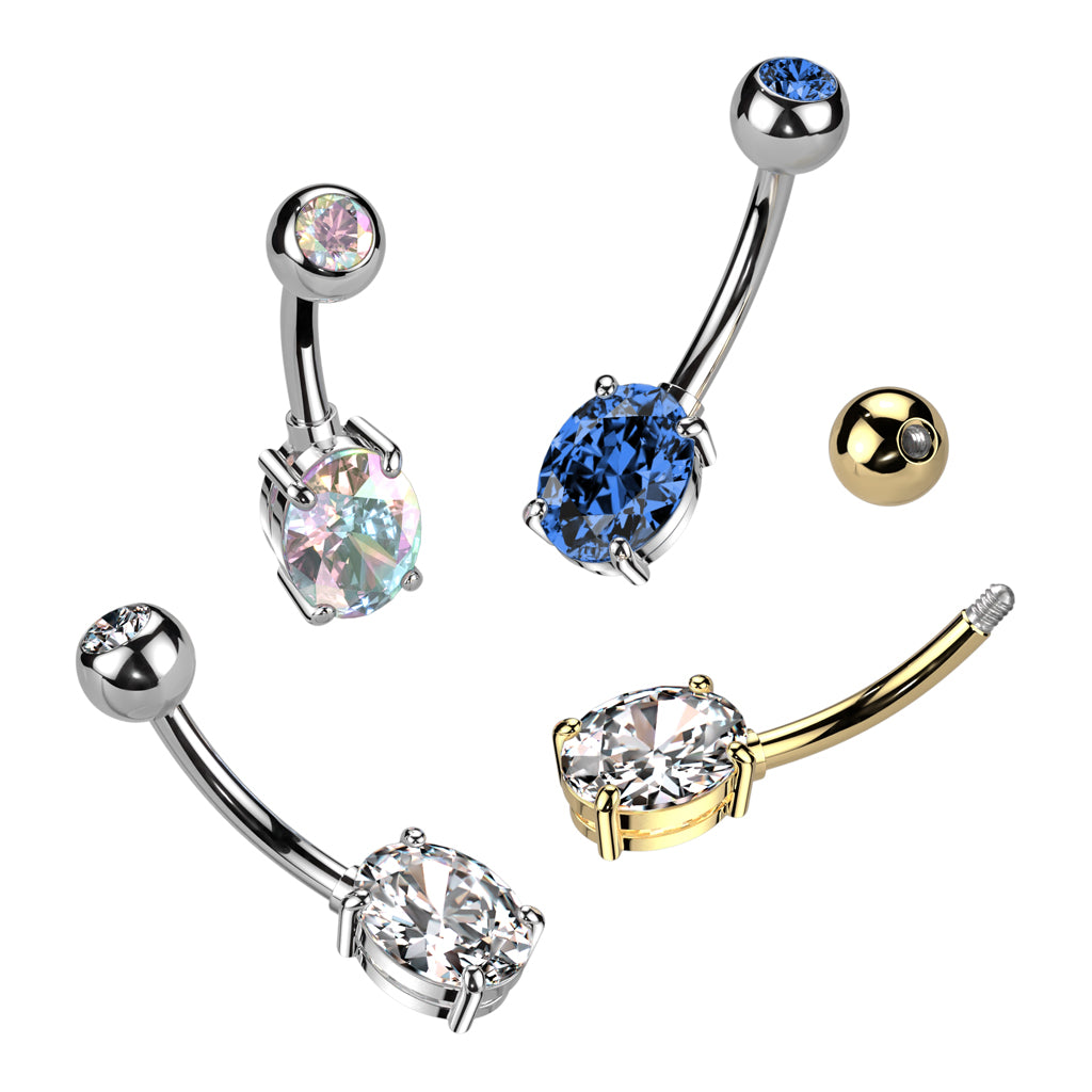 Titanium With CZ Top Ball & Oval Prong Set CZ Belly Button Ring