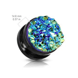 Pair Blue Druzy Stone Front Black Screw Fit Flesh Tunnels Ear Plugs