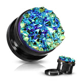 Pair Blue Druzy Stone Front Black Screw Fit Flesh Tunnels Ear Plugs