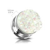 Pair White Druzy Stone Front Screw Fit Flesh Tunnels Ear Plugs