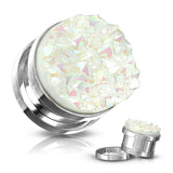 Pair White Druzy Stone Front Screw Fit Flesh Tunnels Ear Plugs
