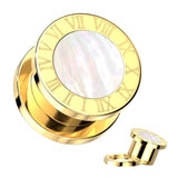 Pair Gold Roman Numeral With MOP Shell Screw Fit Flesh Tunnels Ear Plugs
