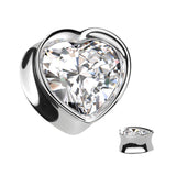 Pair Double Flared Heart CZ 316L Surgical Steel Ear Plug