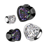Pair Double Flared Heart CZ 316L Surgical Steel Ear Plug