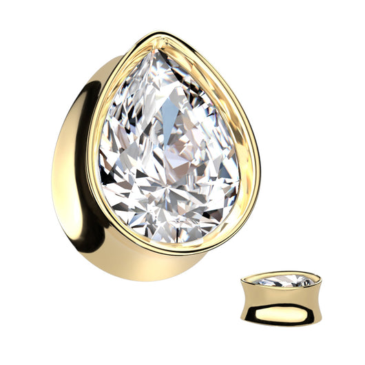 Pair Double Flare Tear Drop CZ Tunnel Steel Plugs