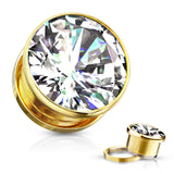 Pair Zircon Bezel Set Screw Fit Flesh Tunnel Ear Plugs