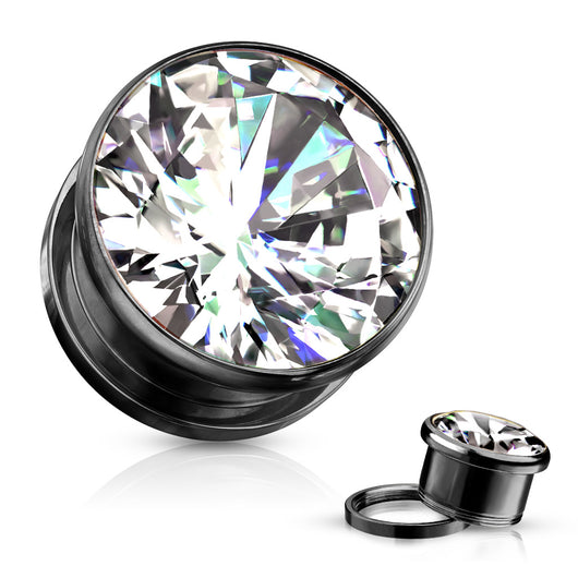 Pair Zircon Bezel Set Screw Fit Flesh Tunnel Ear Plugs