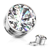 Pair Zircon Bezel Set Screw Fit Flesh Tunnel Ear Plugs