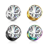 Pair Zircon Bezel Set Screw Fit Flesh Tunnel Ear Plugs