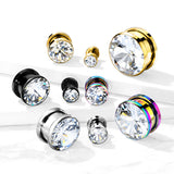 Pair Zircon Bezel Set Screw Fit Flesh Tunnel Ear Plugs