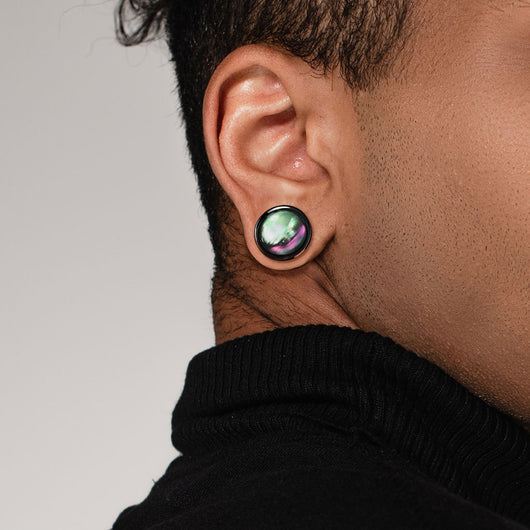 Pair Multi Color Shell Black Steel Screw Fit Flesh Tunnels Plugs