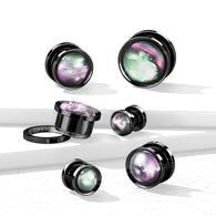 Pair Multi Color Shell Black Steel Screw Fit Flesh Tunnels Plugs