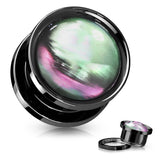 Pair Multi Color Shell Black Steel Screw Fit Flesh Tunnels Plugs