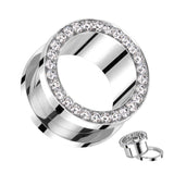 Pair CZ Lined Rim Surgical Steel Screw Fit Flesh Ear Tunnels Fr 10G To 1"