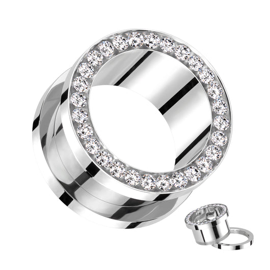 Pair CZ Lined Rim Surgical Steel Screw Fit Flesh Ear Tunnels Fr 10G To 1