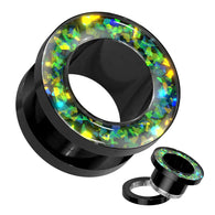 Pair Opal Glitter Rimmed Black Screw Fit Ear Tunnels Plugs