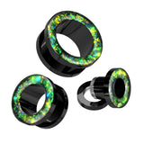 Pair Opal Glitter Rimmed Black Screw Fit Ear Tunnels Plugs