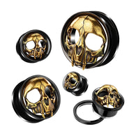 Pair Gold Skull Head Black Screw Fit Ear Tunnels Plugs