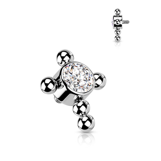 Titanium Clear CZ Beaded Ball Cross Top For Lip Eyebrow Dermal 14G