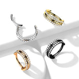 Titanium Hinged Segment Hoop Ring Double CZ Lines For Nose Septum Cartilage