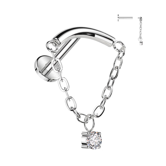 Implant Titanium Labret With Chain Lined Curved Bar & CZ